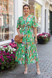 Clearance--Southern Stitch Green floral spring short sleeve women dress w/elastic waist GJQ16824