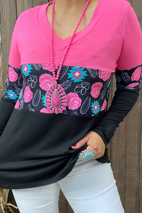 BQ14458 Block black&fuchsia and floral multi color printed long sleeves women tops (GS3)