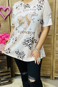 XCH14648 "A COWBOY" heart & arrow leopard printed short sleeve women top