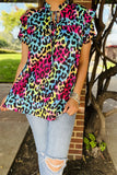 BQ15644 Multi color leopard printed double ruffle/black pompom short sleeve &ruffle neckline women tops w/string