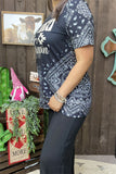 XCH14181 "Rodeo Road Trippin" words&paisley white printed short sleeve black women top (GS6)