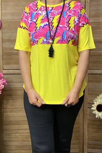 GJQ8866 Lightning yellow multi  color printed short sleeve women tops