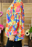 BQ15870 Floral multi color printed 3/4 sleeve w/bell bottom women top w/white ribbon trim