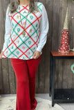 XCH15325 Green/red Christmas elements graphic printed long sleeve w/white lace&tighten cuff women tops