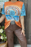 XCH14061 Turquoise jewel & leopard printed orange women t-shirt(BS9)