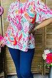 GJQ15882 Paisley multi color printed short sleeve w/bell shape women tops