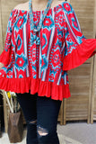 YMY15524 Mint/Turquoise/Red  printed short sleeve w/red ruffle trim&bottom loose neckline women blouse