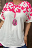 GJQ14070 Fuchsia leopard printed & white color block short sleeves women tops (ES12)