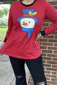 DLH9749 Snowman multi color printed long sleeve women red t-shirt w/black neckline&cuff (IS8)