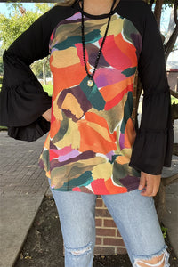 GJQ15743 Wash painting multi color printed black solid color long sleeve/bell&ruffle women tops