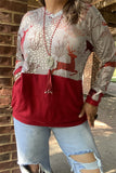 BQ10298 Reindeer & grey printed women top w/front pocket &red block color