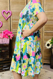 GJQ15229 Turquoise/D.green multi color printed short sleeve women dress w/elastic breast &side pockets