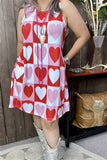 BQ14560 Pink/White/Red hearts printed sleeveless women dress w/side pockets