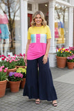 Yellow/pink & multi color block printed short sleeve top w/knot GJQ8707-2 (es7)