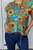 BQ12543 Leopard & sunflower turquoise multi color printed short sleeve tops (GS5)