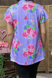 GJQ15842  Fuchsia multi color floral printed V-neckline short sleeve w/ruffle women purple tops
