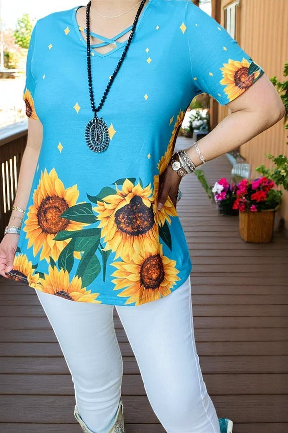 Women t-shirt wholesale Sunflower/turquoise w/criss cross short sleeves XCH13735