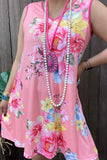 GJQ12999 Pink&yellow floral multi color printed V-neck w/pocket sleeveless women dresses