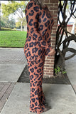 BQ15604 Black&brown leopard printed long sleeve top&pant 2pcs tan women set