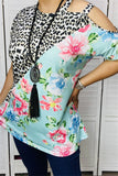 GJQ10637 Half leopard/floral top half w/cold shoulder short sleeve women tops (ES1)