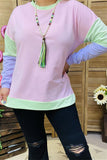 BQ15555 Mint/purple/pink solid color printed long sleeve women tops w/side splits FS4