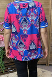 XCH15899 Paisley graphic multi color printed short sleeve V-neckline w/cross straps women tops