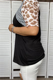 GJQ10064 Black/white plaid leopard short sleeve black color women top wholesale (DS10)