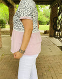 BQ14807 Leopard printed light pink block short sleeves double ruffle bottom baby doll women tops