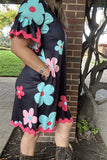 BQ15649 Mint/fuchsia/pink sunflower printed short sleeve w/hem webbing w/side pockets black women dresses