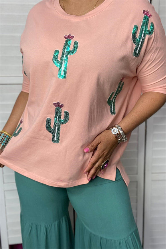 XCH15055 Sequin green cactus pink half sleeve women tops wholesale