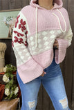 MY15306 Pink block rust red printed  knitted fabric women sweater loose long sleeve w/long string hoodie