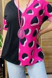 XCH14276 Half black&fuchsia/ pink leopard printed short sleeve drop shoulder women tops (ES1)