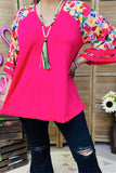 GJQ15231 Multi color floral printed 3/4 sleeve w/fringe trim women fuchsia tops