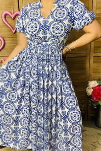 BQ15873 Blue circle graphic printed short sleeve women dress w/side pockets &waist elastic band