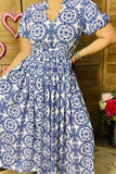 BQ15873 Blue circle graphic printed short sleeve women dress w/side pockets &waist elastic band