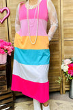 XCH15894 Block pink/mint/yellow/white multi color printed sleeveless women dress w/side pockets