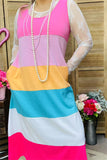 XCH15894 Block pink/mint/yellow/white multi color printed sleeveless women dress w/side pockets