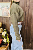 BQ15469 Olive green long sleeve turtleneck sweater off shoulder short design for women