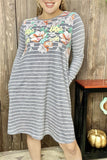 XCH11733 Gray/white striped & floral printed long sleeve w/side pockets women dress (AS1)