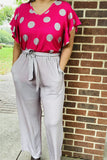 XCH15751 Gray dots/fuchsia printed top/bell sleeve&gray pant w/side pockets 2pcs women set