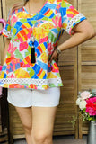 XCH15927 Multi color leaves printed short sleeve women tops w/white lace trim