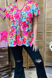 GJQ15837 Fuchsia&teal multi color printed short bell sleeve women tops w/V-neckline