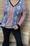 GJQ9697 Aztec multi color printed black trim for neckline/cuff/bottom long sleeve tops