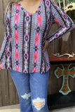 XCH15250 Coral/black graphic multi color printed long sleeve women tops