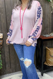 GJQ15675  Long sleeve w/chiffon fabric&blue/pink multi color printed women pink blouse