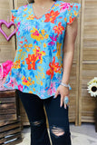 GJQ15909 Coral&yellow floral multi color printed short sleeve w/ruffle V-neckline women tops