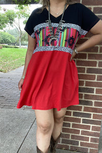 XCH15542 Serape&Aztec w/leopard multi color printed block red/black short sleeve w/side pockets women dress