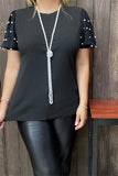 BQ15548 Black solid color w/pearl short sleeve women tops