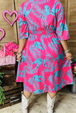 GJQ15990 Mint leaves printed the fuchsia women dress short sleeve w/side pockets &elastic waist band