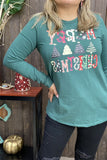 DLH10325 "MERRY CHRISTMAS"graphic multi color printed long sleeve green women tops